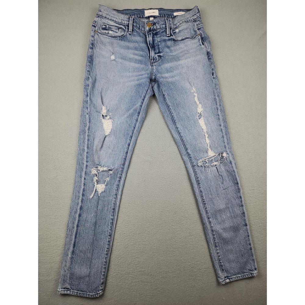 FRAME Jeans Womens 27 Blue Le Garcon Beldon Rips Mid Rise Distressed Boyfriend